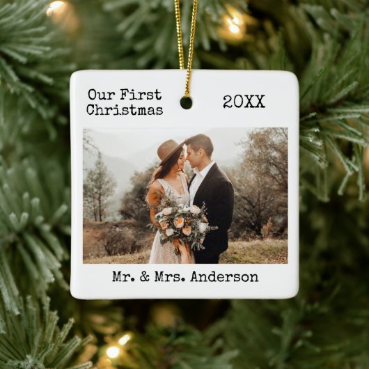 タイプライター文字結婚初めてのクリスマスの写真 セラミックオーナメント (ツリー)