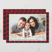 タイプライター文字赤い格子模様の家族写真 シーズンカード (正面/裏面)