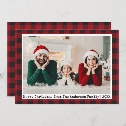 タイプライター文字赤い格子模様クリスマスファミリーフォト シーズンカード (正面/裏面)