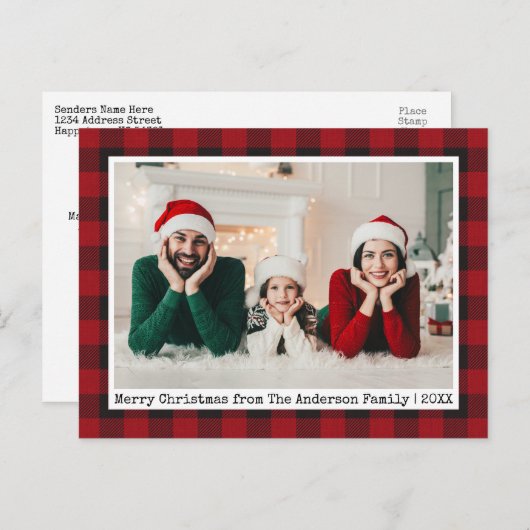 タイプライター文字赤い格子模様クリスマスファミリーフォト ポストカード (正面/裏面)