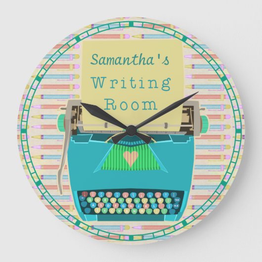 タイプライター書ズルームパーソナライズされた作家アクア ラージ壁時計 (正面)
