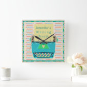 タイプライター書ズルームパーソナライズされた作家ブルー スクエア壁時計 (ホーム)
