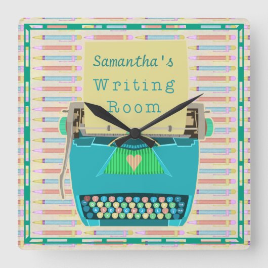 タイプライター書ズルームパーソナライズされた作家ブルー スクエア壁時計 (正面)