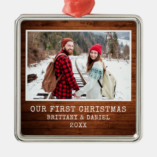 タイプライター素朴フォント木組初めてのクリスマス メタルオーナメント (正面)