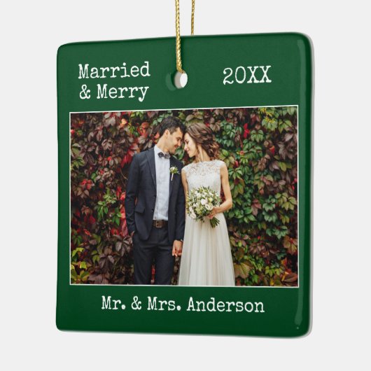 タイプライター結婚したメリー結婚の写真の緑 セラミックオーナメント (左)