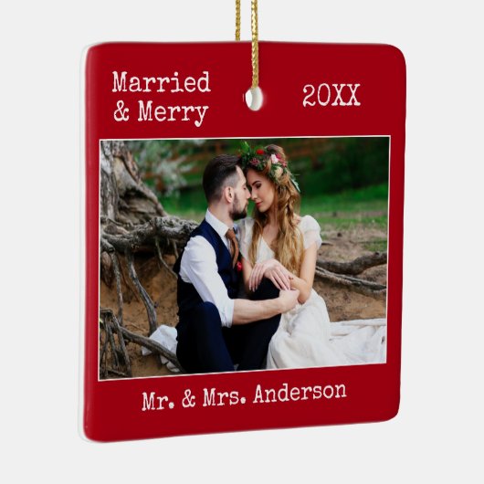 タイプライター結婚したメリー結婚文字の写真の赤 セラミックオーナメント (右)