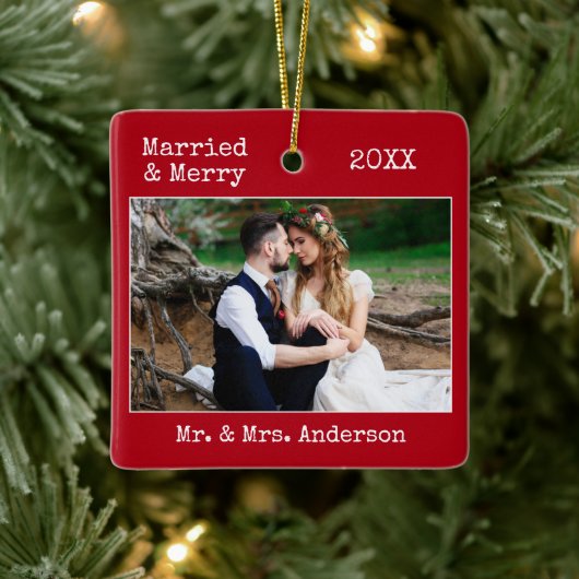 タイプライター結婚したメリー結婚文字の写真の赤 セラミックオーナメント (ツリー)