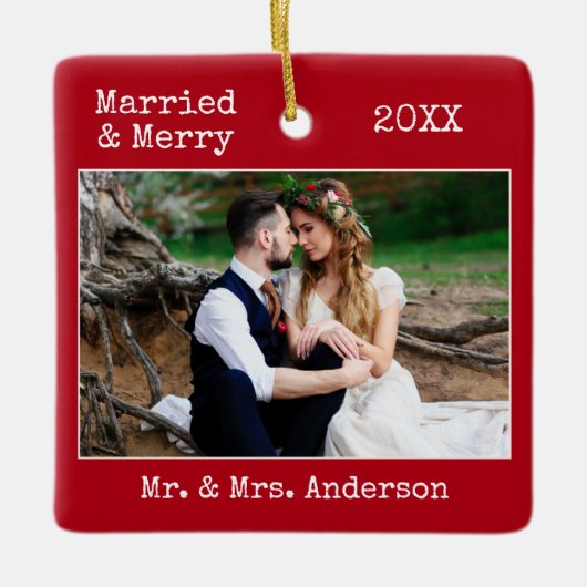 タイプライター結婚したメリー結婚文字の写真の赤 セラミックオーナメント (正面)