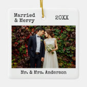 タイプライター結婚した文字メリーと結婚の写真 セラミックオーナメント (正面)