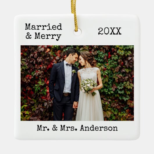 タイプライター結婚した文字メリーと結婚の写真 セラミックオーナメント (正面)