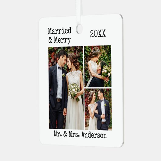 タイプライター結婚した文字メリーと結婚の写真 メタルオーナメント (正面左)