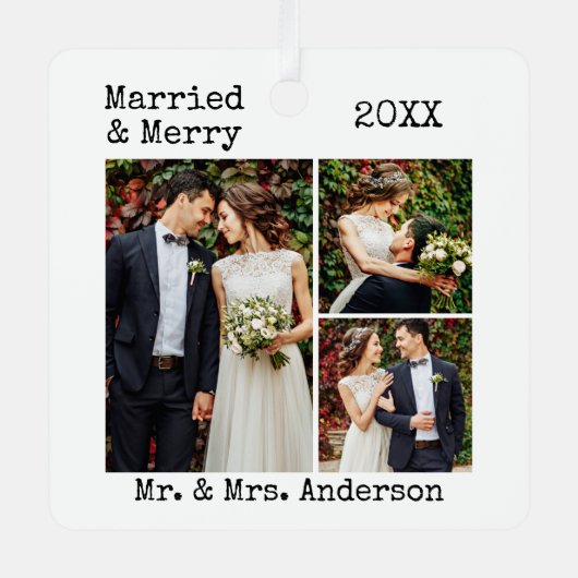 タイプライター結婚した文字メリーと結婚の写真 メタルオーナメント (正面)
