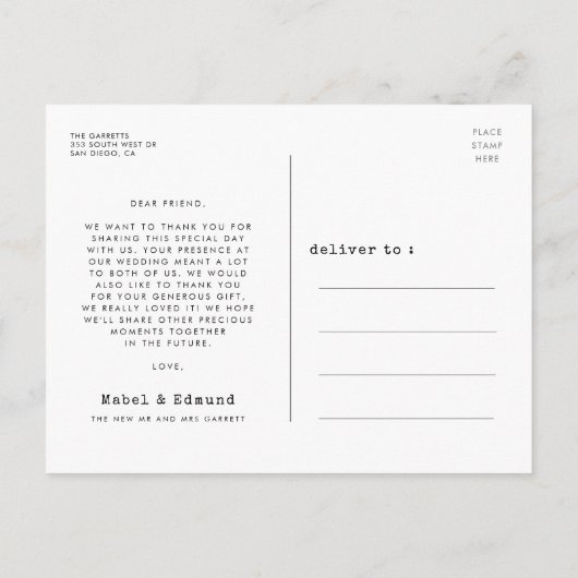 タイプライター結婚スクリプトの感謝してい写真: ポストカード (裏面)