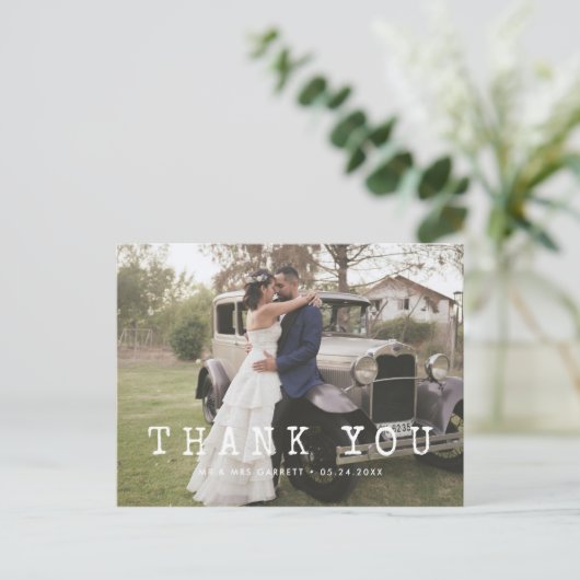 タイプライター結婚スクリプトの感謝してい写真: ポストカード (スタンド正面)