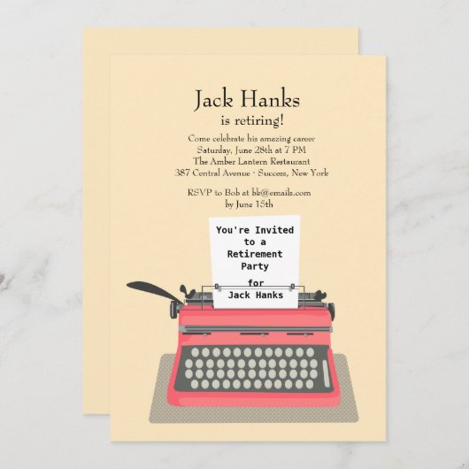タイプライター退職パーティの招待状 招待状 (正面/裏面)