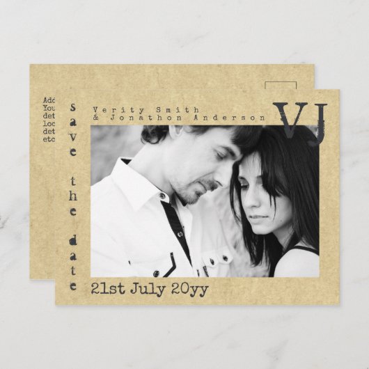 タイプライター フォント 保存 日 結婚式 写真を追加 案内ポストカード (正面/裏面)