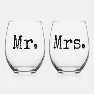 タイプライター ミニマリスト タイポグラフィー Mr Mrs ウェディング ステムなしワイングラス