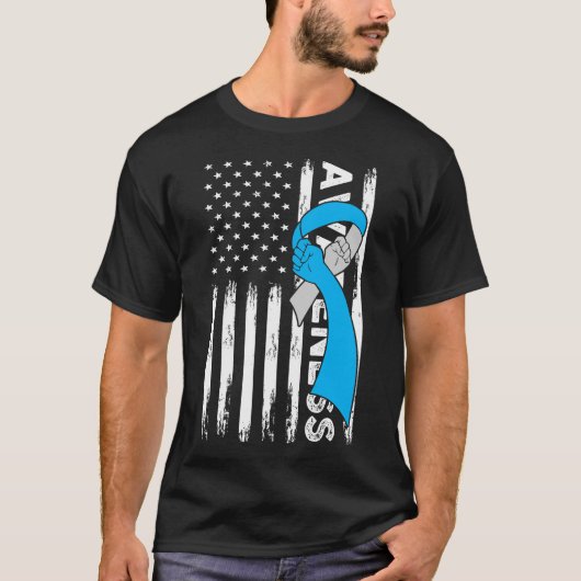 タイプ1糖尿病戦士アメリカ国旗の青とグレーリボン Tシャツ (正面)