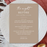 タイペリハーサルディナー | スモークベージュの前夜 メニュー<br><div class="desc">柔らかいトープのパレットでリハーサルのディナーエレガントメニューを使用して、「前の夜」の洗練されたトーンを設定。クリーンなラインとシンプルさを愛するカップル向けに設計されたモダン、この滑らかなベージュのミニマリストメニューカードは、ニュートラルなテーマコンテンポラリーの、または地球のトネードのイベントに最適結婚である。秋や冬のリハーサルディナーに最適。夕食の詳細で完全にカスタマイズ可能な、このパステルデザインは、カップル、ホスト、またはウェディングプランナーが粘着性のある文房具を探して美しく動作エレガントする。</div>