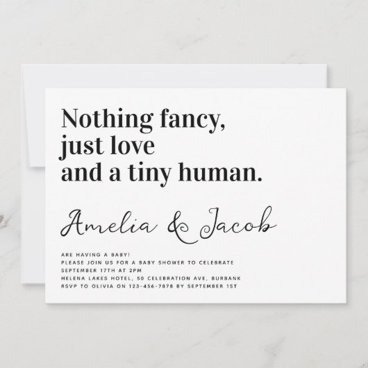 タイポグラフィおもしろい小さな人夫婦の赤ちゃんシャワー 招待状 (正面)