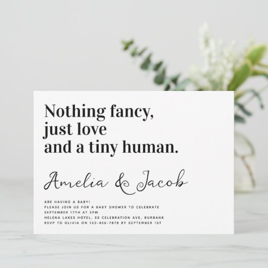 タイポグラフィおもしろい小さな人夫婦の赤ちゃんシャワー 招待状 (スタンド正面)