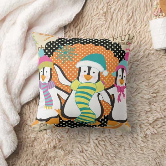 タイポグラフィおよびペンギンのクリスマスの休日の枕 クッション (ブランケット)