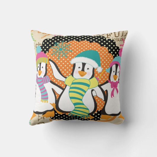 タイポグラフィおよびペンギンのクリスマスの休日の枕 クッション (裏面)
