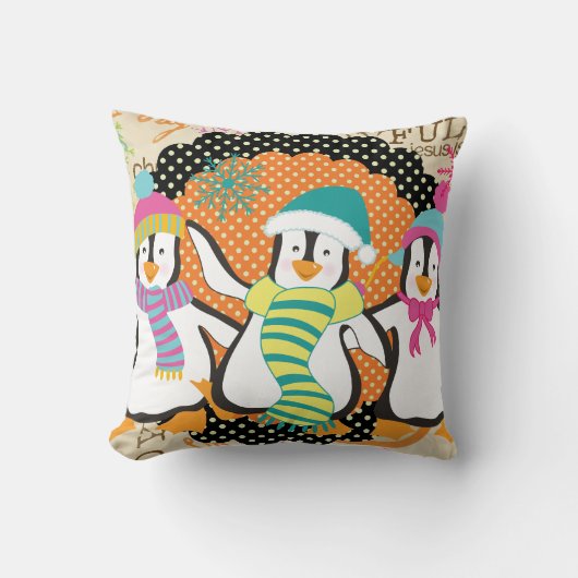 タイポグラフィおよびペンギンのクリスマスの休日の枕 クッション (正面)