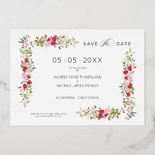 タイポグラフィお洒落赤とピンクの色合いの花 箔招待状 (裏面)