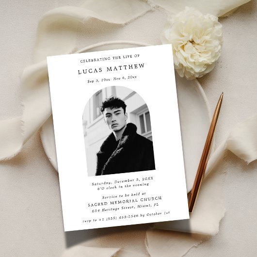 タイポグラフィお祝いのライフアーチ写真葬儀 招待状