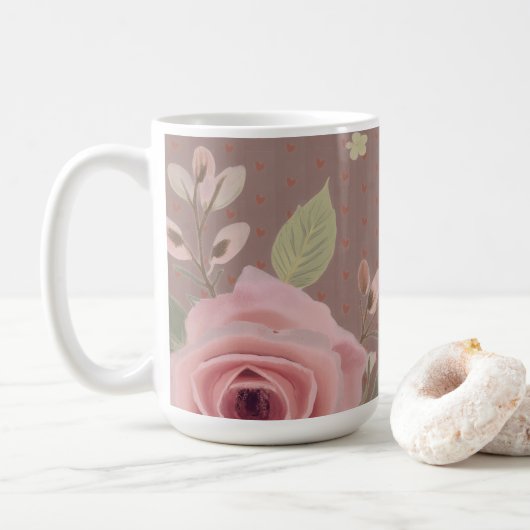 タイポグラフィが入ったピンクのバラ コーヒーマグカップ (ドーナツ)