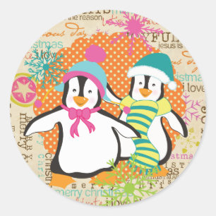 タイポグラフィとペンギンズキュートホリデーラウンドステッカー ラウンドシール