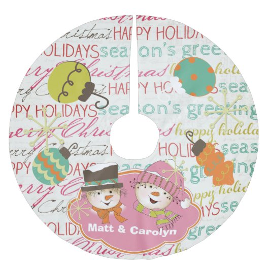 タイポグラフィと雪だるまカスタムホリデーツリースカート ブラッシュドポリエステルツリースカート (正面)