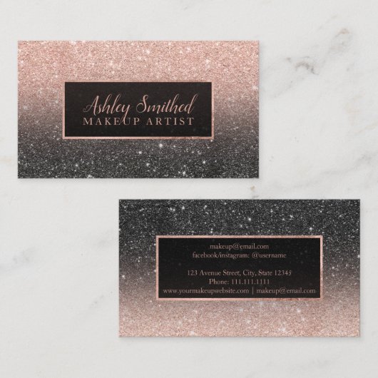 タイポグラフィのばら色の金ゴールドのグリッターの黒のグラデーションな化粧 名刺 (正面/裏面)