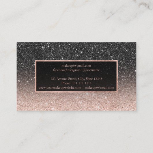 タイポグラフィのばら色の金ゴールドのグリッターの黒のグラデーションな化粧 名刺 (裏面)