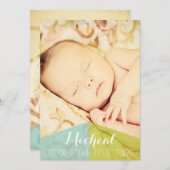 タイポグラフィの男の赤ちゃんの誕生の発表の写真カード 案内状 (正面/裏面)