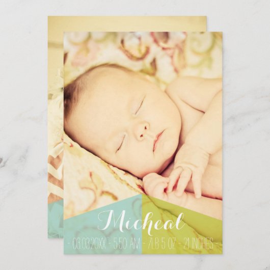 タイポグラフィの男の赤ちゃんの誕生の発表の写真カード 案内状 (正面/裏面)