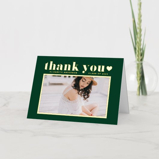 タイポグラフィはっきりしたエメラルドグリーン卒業ありがとう 箔グリーティングカード (正面)