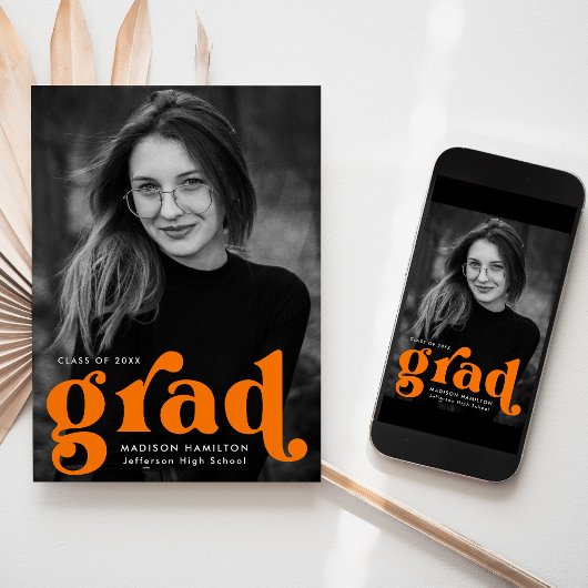 タイポグラフィはっきりしたオレンジ写真卒業 案内状