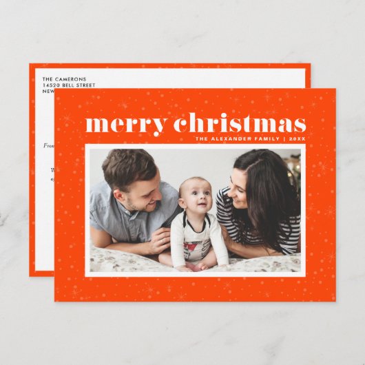 タイポグラフィはっきりしたオレンジ・メリークリスマスフォト シーズンポストカード (正面/裏面)