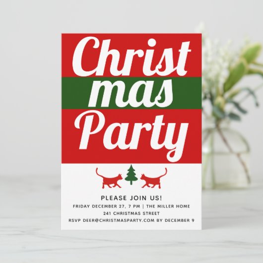 タイポグラフィはっきりしたキャット、ツリーのクリスマスホリデーパーティー 招待状 (スタンド正面)