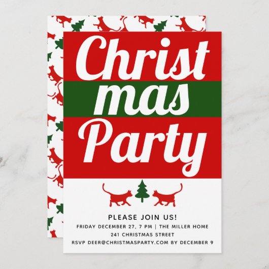 タイポグラフィはっきりしたキャット、ツリーのクリスマスホリデーパーティー 招待状 (正面/裏面)