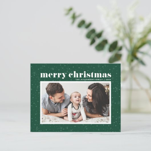 タイポグラフィはっきりしたグリーンメリークリスマスフォト シーズンポストカード (スタンド正面)