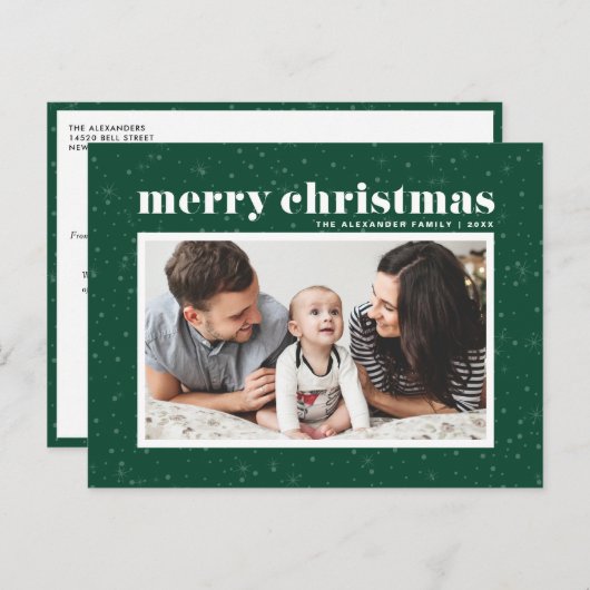 タイポグラフィはっきりしたグリーンメリークリスマスフォト シーズンポストカード (正面/裏面)
