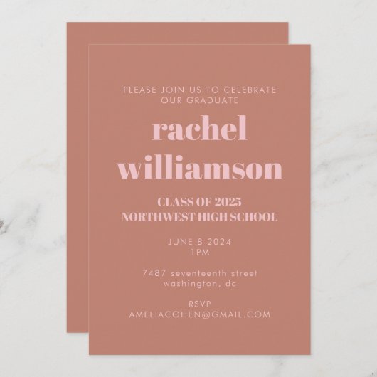 タイポグラフィはっきりしたテラコッタピンク卒業パーティー 招待状 (正面/裏面)