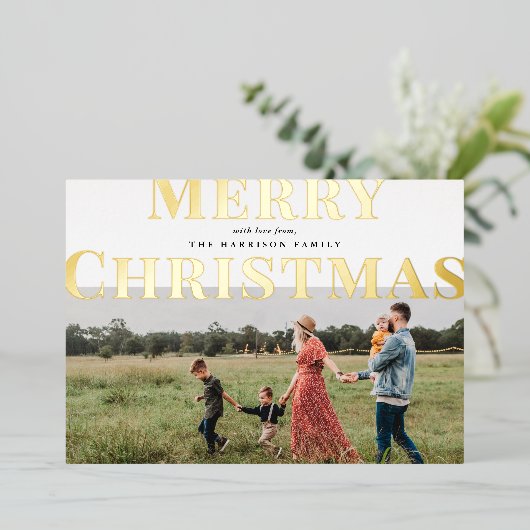 タイポグラフィはっきりしたメリークリスマスフォト 箔シーズンカード (立ち正面)