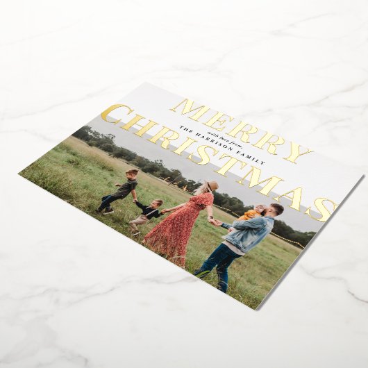 タイポグラフィはっきりしたメリークリスマスフォト 箔シーズンカード (回転した状態)