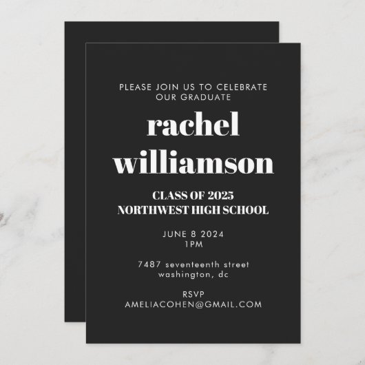 タイポグラフィはっきりした白黒卒業パーティー 招待状 (正面/裏面)