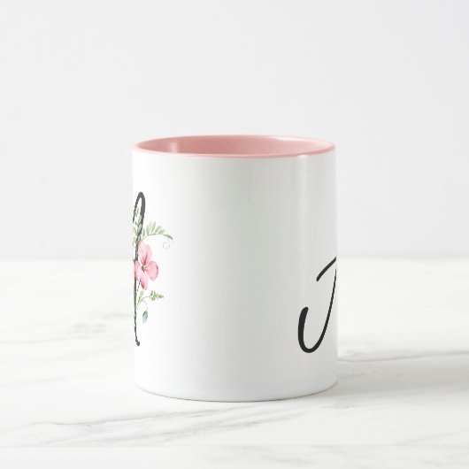 タイポグラフィイニシャルA水彩桃色の花 マグカップ (中央)