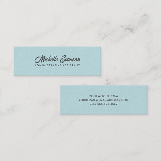 タイポグラフィエレガントアクアブルーリネンミニマリスト スキニー名刺 (正面/裏面)